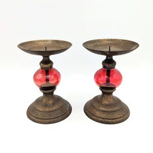 Urban Outfitters Bohemian Red Glass Orb and Bronze Pillar Candle Holders PAIR